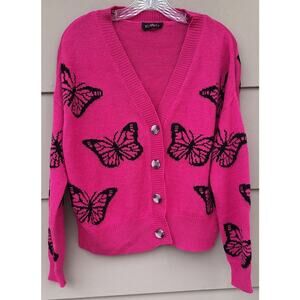 Vtg. 90s Y2K Runway Hot Pink Butterfly Spring Cardigan Sweater Fits Size M